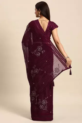 maroon floral sequinned silk chiffon saree