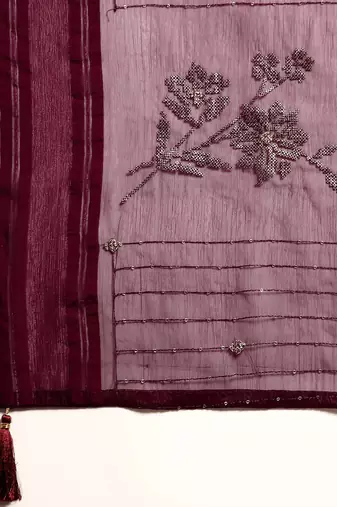 maroon floral sequinned silk chiffon saree