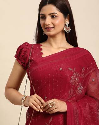 red floral sequinned silk chiffon saree 1