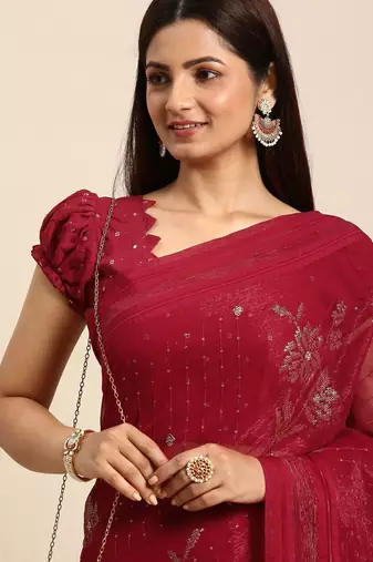 red floral sequinned silk chiffon saree