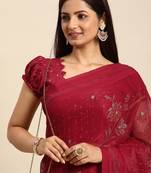 red floral sequinned silk chiffon saree