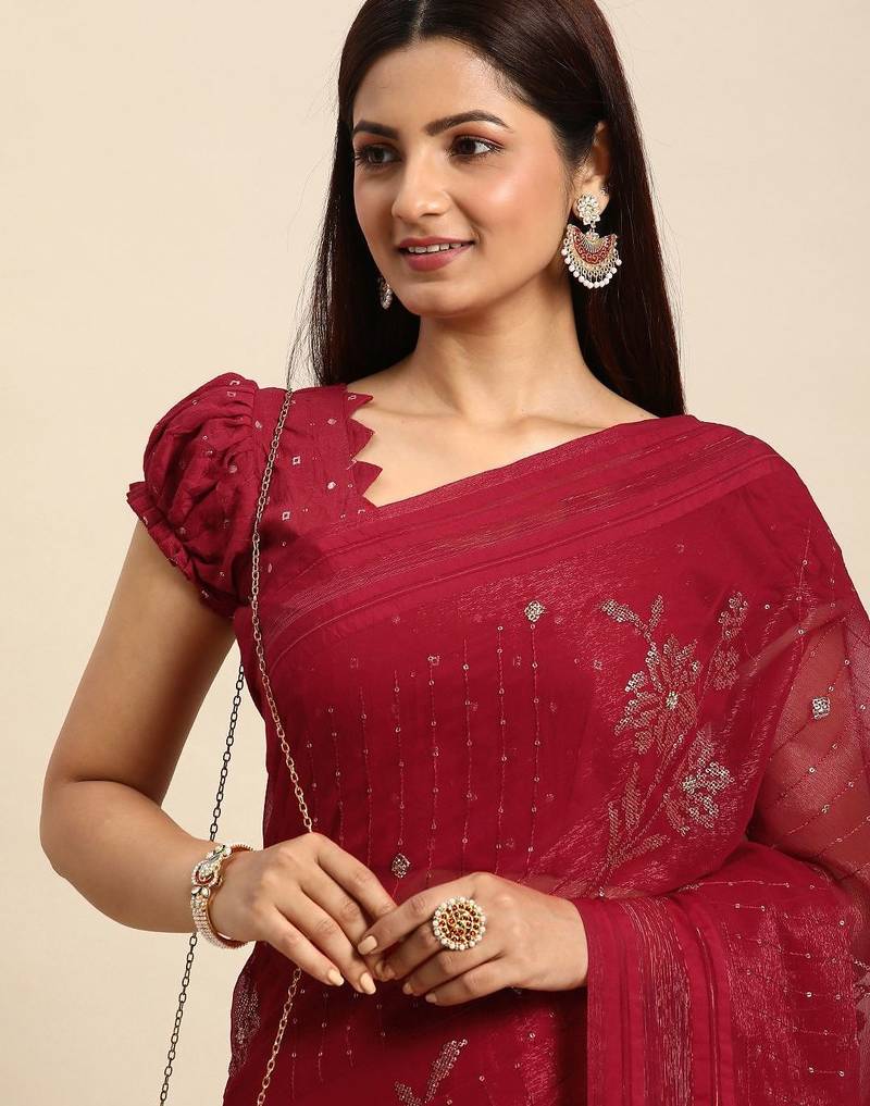 red floral sequinned silk chiffon saree
