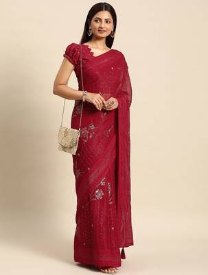 red floral sequinned silk chiffon saree 2