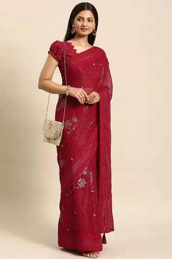 red floral sequinned silk chiffon saree