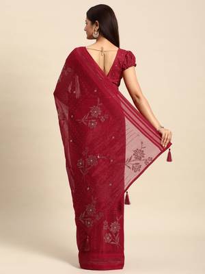 red floral sequinned silk chiffon saree 3