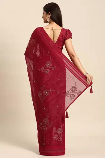 red floral sequinned silk chiffon saree