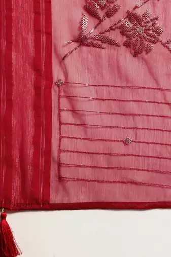 red floral sequinned silk chiffon saree