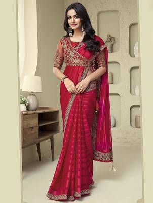 pink embellished pink & gold-toned poly georgette saree with jacket with heavy work blouse 1