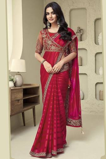 pink embellished pink & gold-toned poly georgette saree with jacket with heavy work blouse