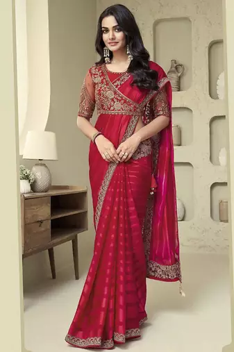 pink embellished pink & gold-toned poly georgette saree with jacket with heavy work blouse