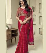 pink embellished pink & gold-toned poly georgette saree with jacket with heavy work blouse