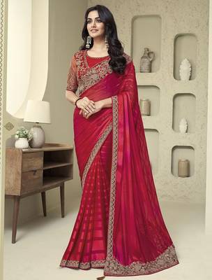pink embellished pink & gold-toned poly georgette saree with jacket with heavy work blouse 2