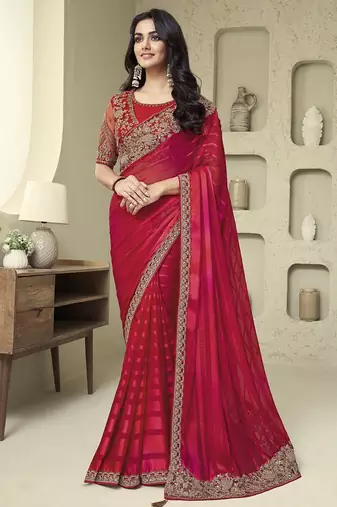 pink embellished pink & gold-toned poly georgette saree with jacket with heavy work blouse