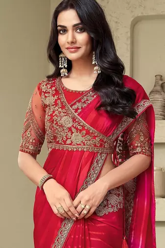 pink embellished pink & gold-toned poly georgette saree with jacket with heavy work blouse
