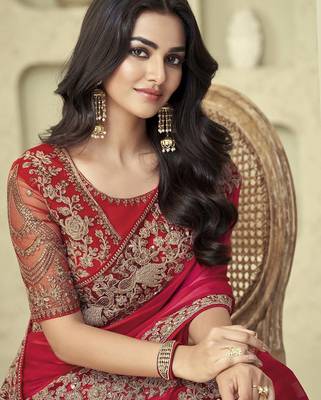pink embellished pink & gold-toned poly georgette saree with jacket with heavy work blouse 4