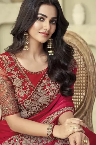 pink embellished pink & gold-toned poly georgette saree with jacket with heavy work blouse
