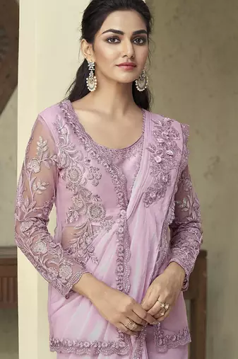 pink pink embroidered georgette saree