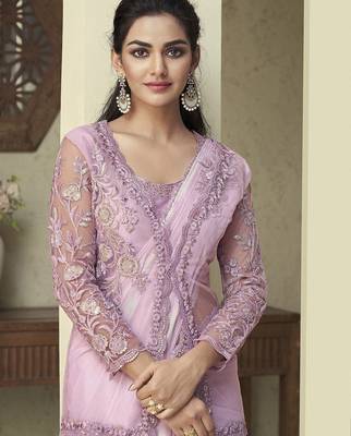 pink pink embroidered georgette saree 4