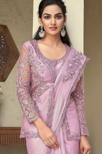 pink pink embroidered georgette saree