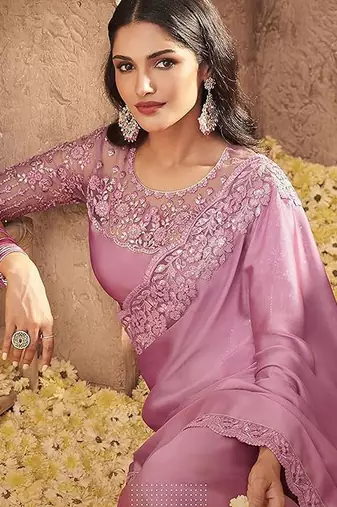 pink embroidered poly georgette saree