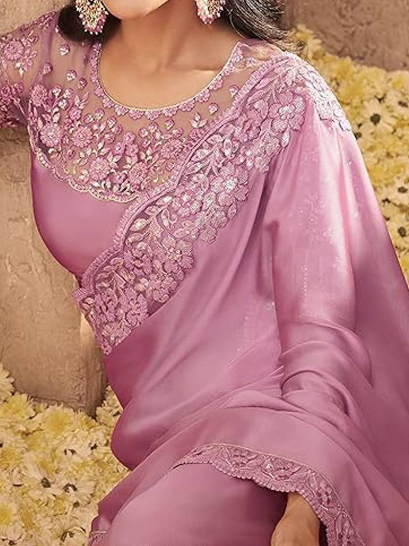 pink embroidered poly georgette saree