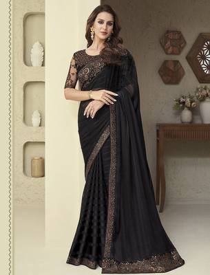 black embellished black embroidered poly georgette heavy work saree 1