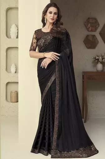 black embellished black embroidered poly georgette heavy work saree