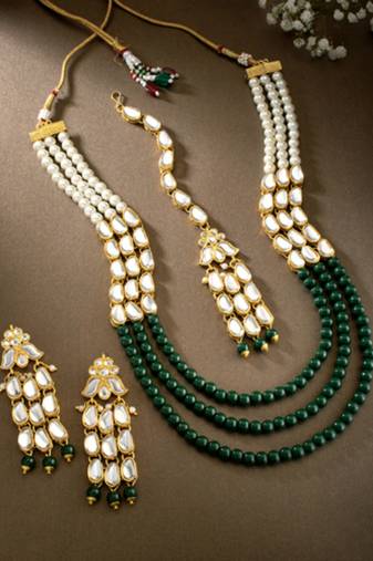 gold plated kundan pearl stone studded jewellery set