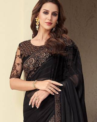 black embellished black embroidered poly georgette heavy work saree 2