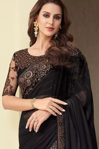 black embellished black embroidered poly georgette heavy work saree