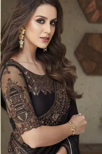 black embellished black embroidered poly georgette heavy work saree