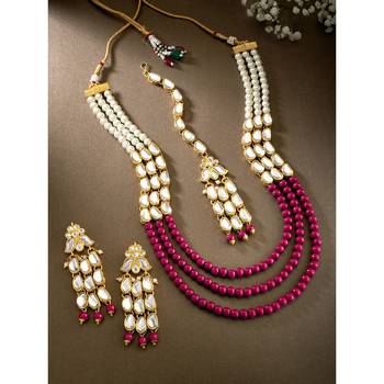 magenta gold-plated kundan studded jewellery set 1