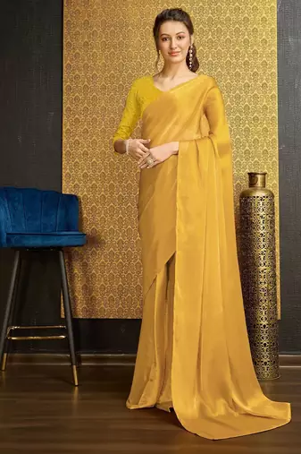 yellow organza ready to wear saree