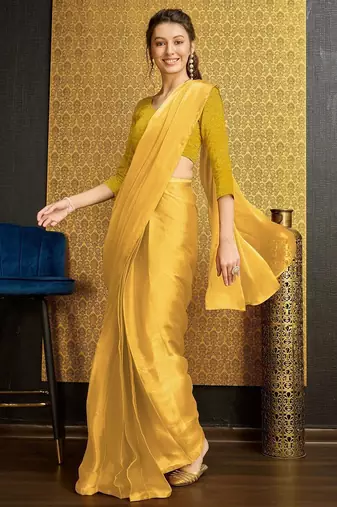 yellow organza ready to wear saree