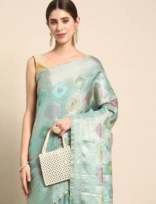 blue woven design zari organza handloom kanjeevaram saree 1