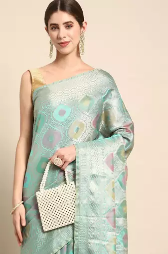 blue woven design zari organza handloom kanjeevaram saree
