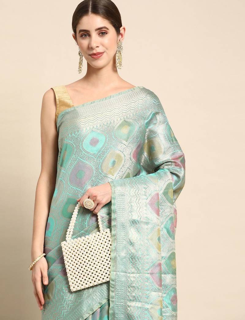 blue woven design zari organza handloom kanjeevaram saree