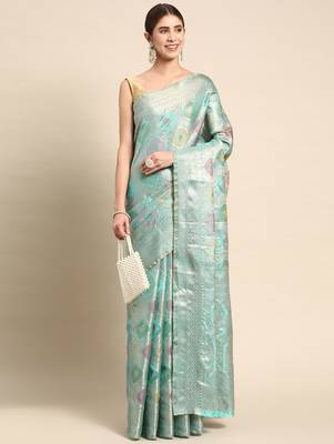 blue woven design zari organza handloom kanjeevaram saree 2