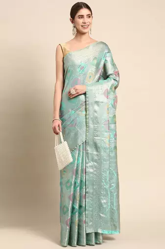 blue woven design zari organza handloom kanjeevaram saree