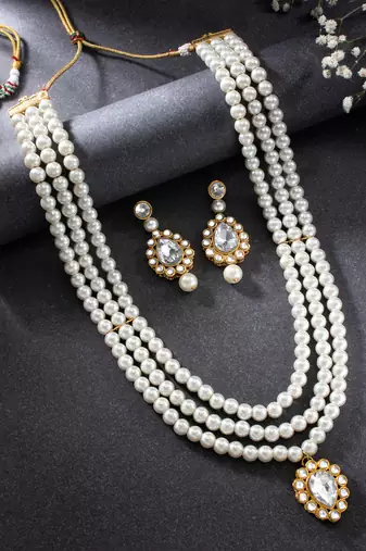 women white & gold-plated traditional pearl jewellery set