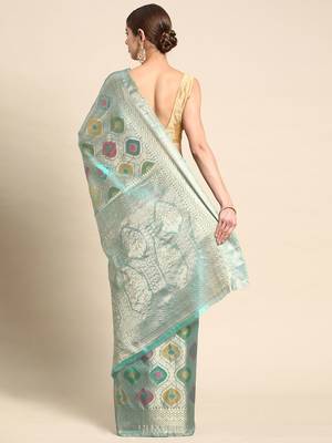 blue woven design zari organza handloom kanjeevaram saree 3