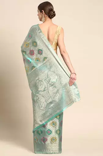 blue woven design zari organza handloom kanjeevaram saree