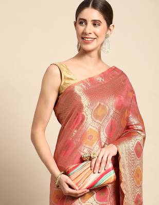 pink ethnic motifs zari organza kanjeevaram saree 1