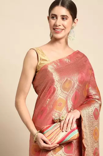 pink ethnic motifs zari organza kanjeevaram saree