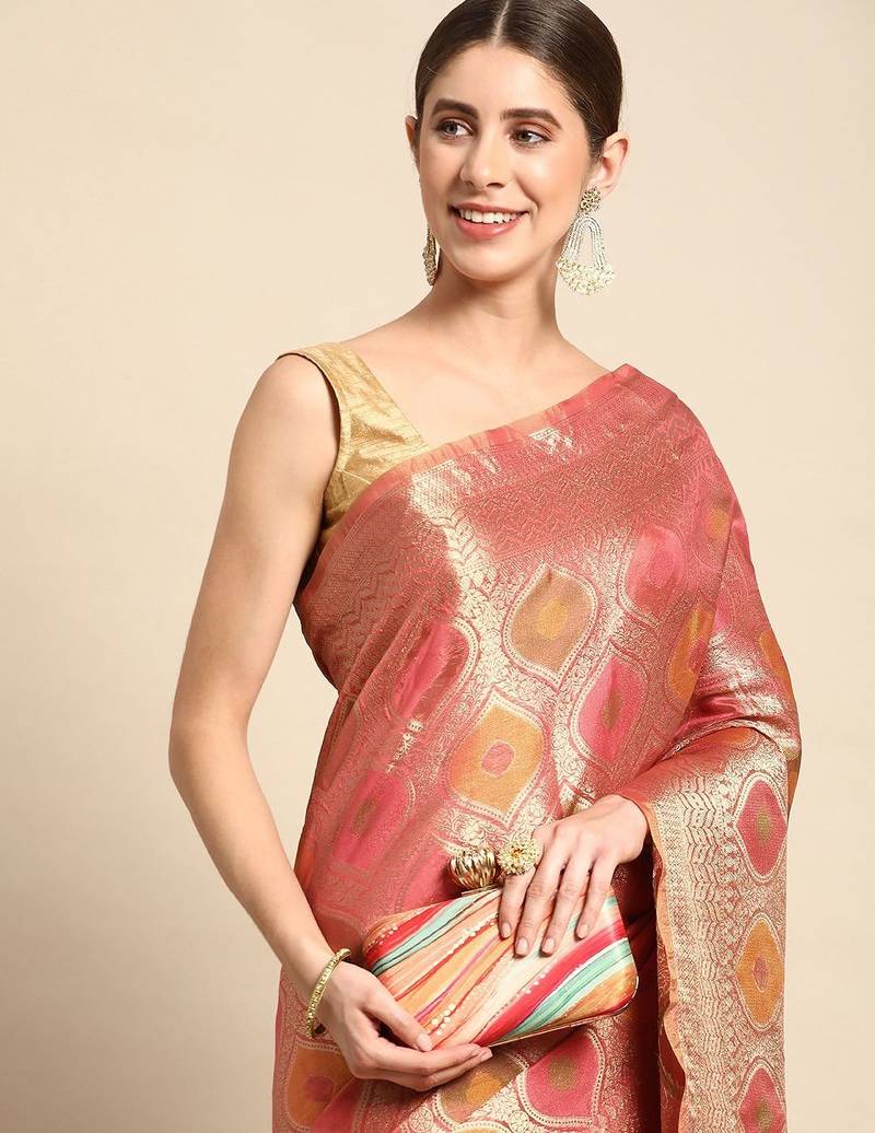pink ethnic motifs zari organza kanjeevaram saree