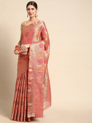 pink ethnic motifs zari organza kanjeevaram saree 2