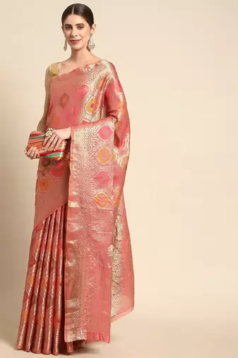 pink ethnic motifs zari organza kanjeevaram saree