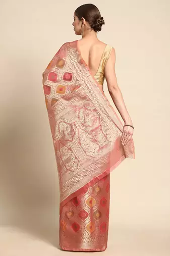 pink ethnic motifs zari organza kanjeevaram saree