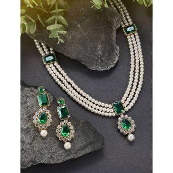 green & white gold-plated kundan long necklace earring jewellery set 1