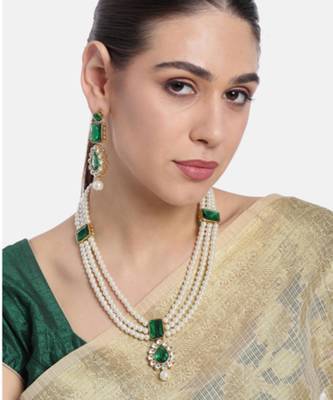 green & white gold-plated kundan long necklace earring jewellery set 2